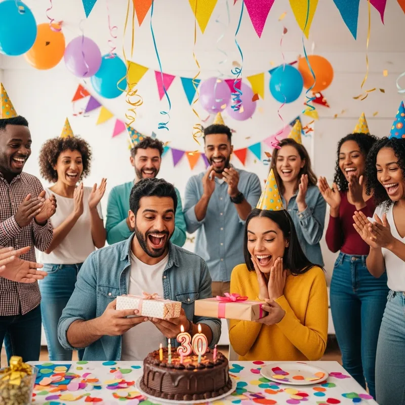 Colorful Birthday Celebration with Friends | Joyful 30th Birthday Fun - Diverse Party Scene in Home Setting