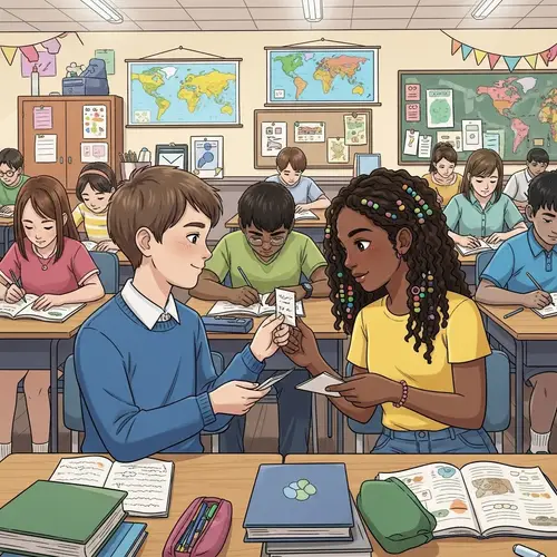 Sentimental Classroom Scene: Boy & Girl Exchanging Notes
