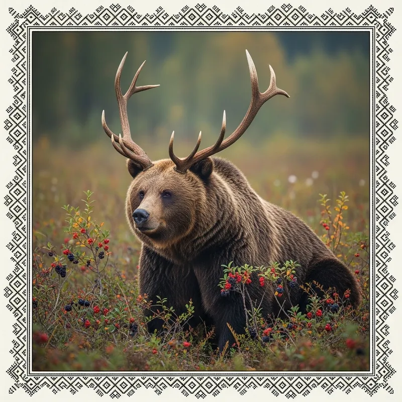Komi Republic: Brown Bear with Elk Antlers, Berries & Slavic Ornament