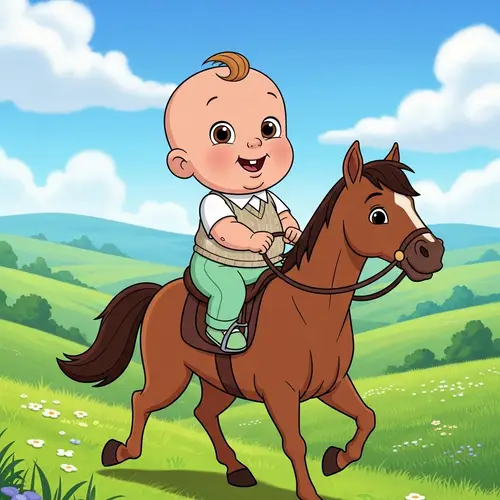 Baby Boy Riding a Horse in a Scenic Valley