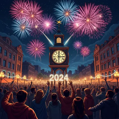 New Year 2024 Celebration with Spectacular Fireworks and Diverse People