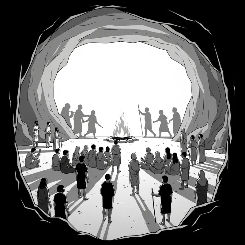 Plato's Allegory of the Cave: Diverse Individuals in Minimalist Black & White Style