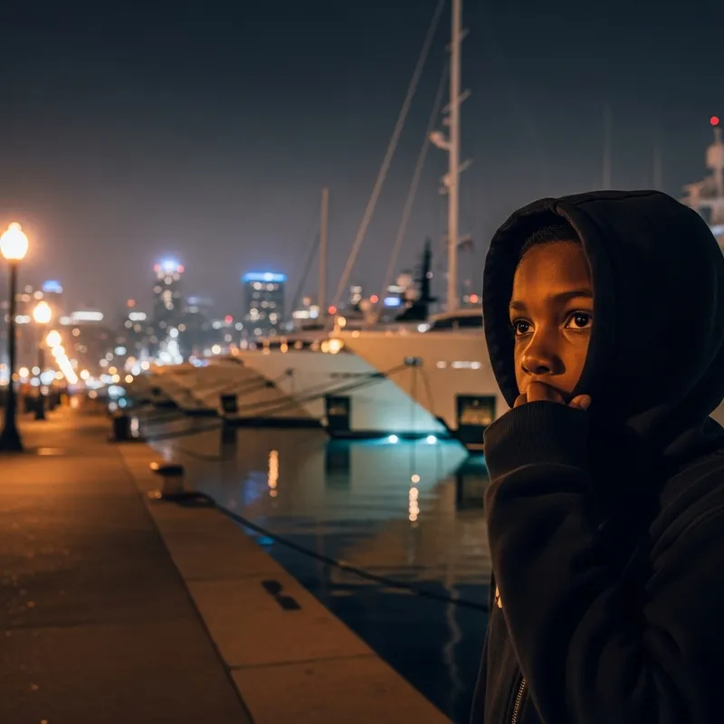 Afro-American Boy at Night by Luxury Boats