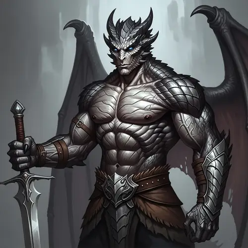 Dragonborn Barbarian Wielding Long Sword - Silver-Black Scales