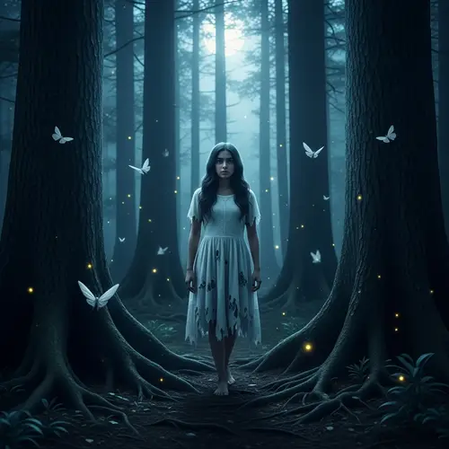 Ghostly Hispanic Teen in Moonlit Forest with Moths