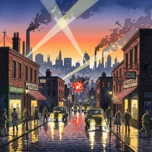 Vibrant WWII Cityscape Watercolor Art