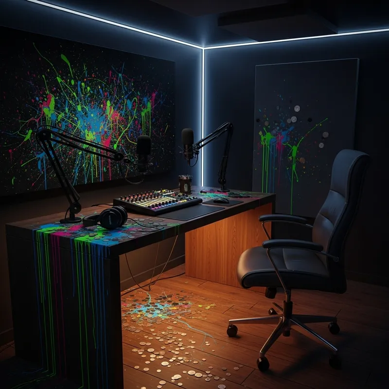 Enigmatic Podcast Room with Artistic Splashes
