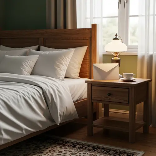 Room with Bed and Envelope on Nightstand
