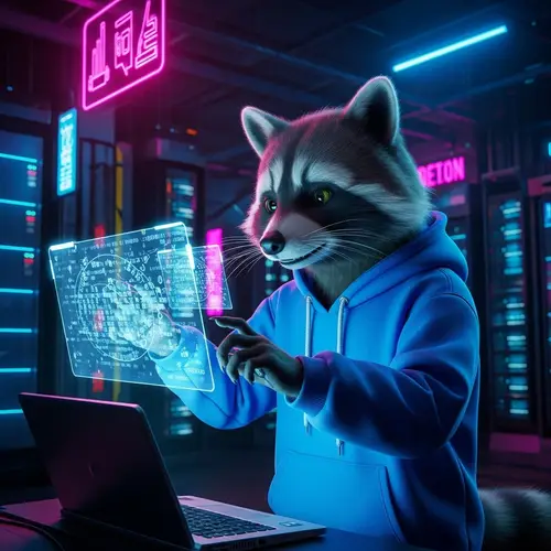 Futuristic Cyber-Themed Data Center with Mischievous Raccoon