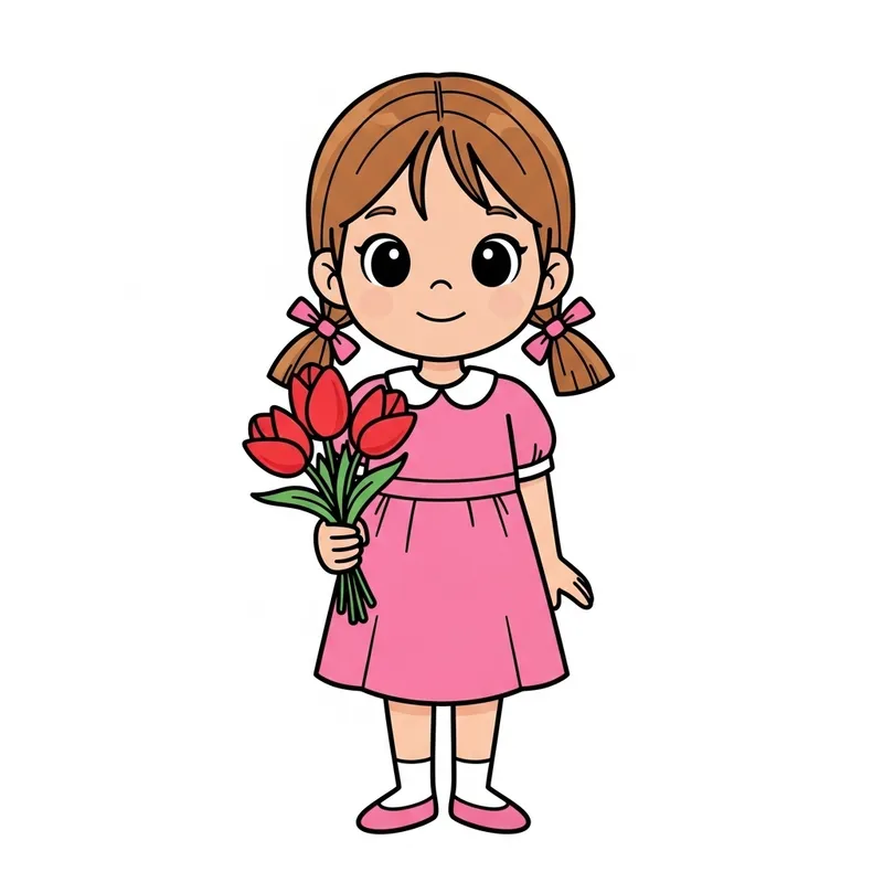Small Cartoon Girl with Tulips on White Background in Pink Dress