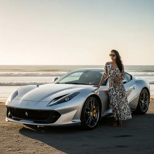 Photogenic South Asian Female with Ferrari 812 on Beach | Stunning Sunset Scene