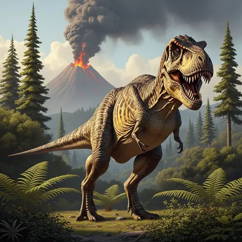 Detailed Illustration of a Large Dinosaur in Prehistoric Landscape