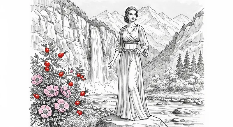 Botanical Ink Drawings - Tranquil Woman on Mountain River Bank