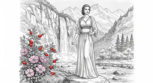 Botanical Ink Drawings of Beautiful Woman by Mountain River