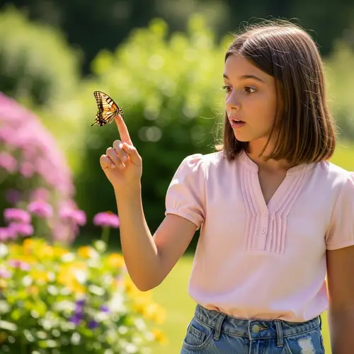 Curious Caucasian Girl with Butterfly in Suburban Garden