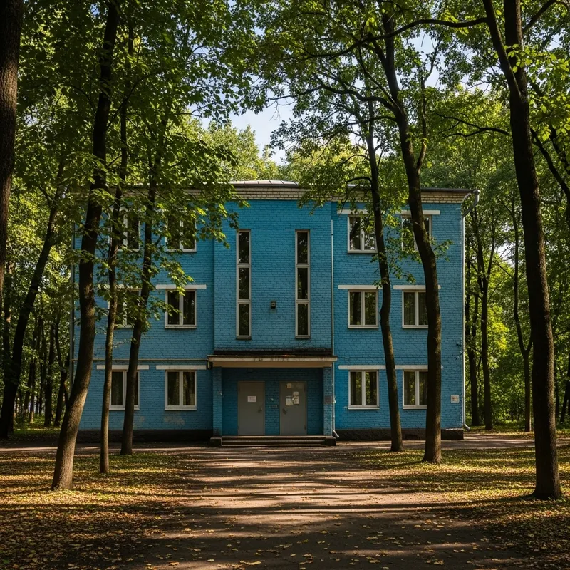 Blue Brick Building in Forest | Vintage Architecture 1947