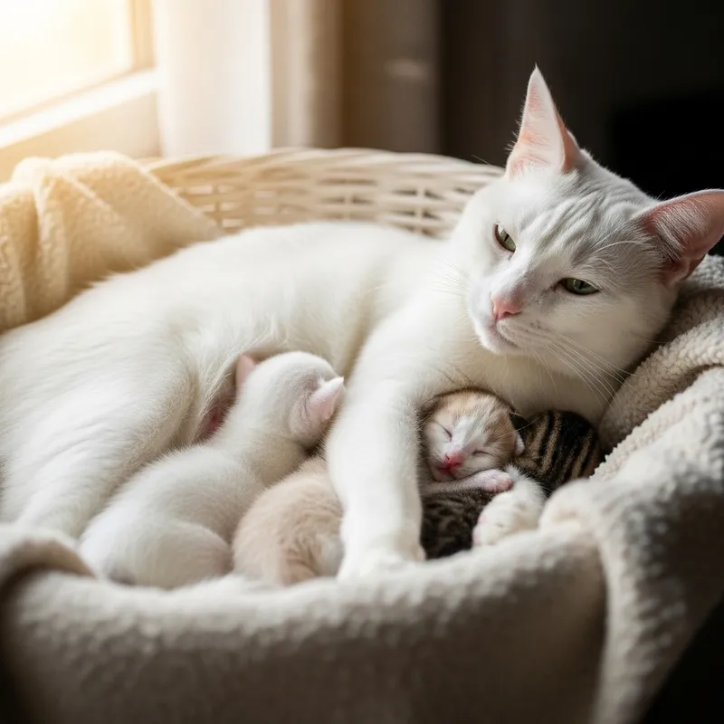 White Cat with her Kittens: Adorable Family Moments