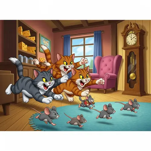 Animated Cat Brigade Chasing Mice in House