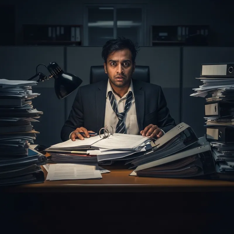 Scared South Asian Businessman Overloaded with Work - Job Insecurity