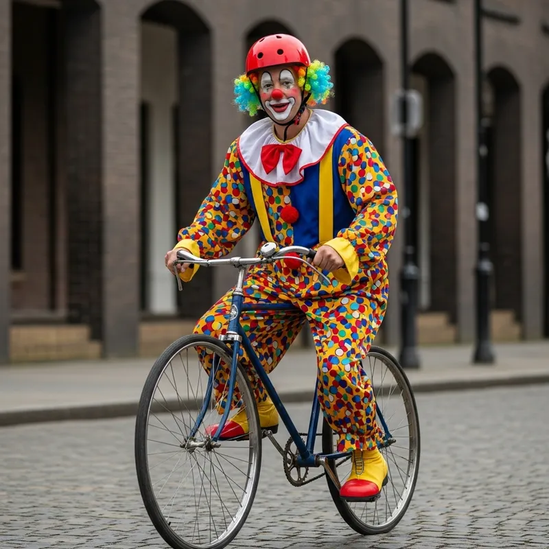 Clown with Helmet Riding Bike Close-Up