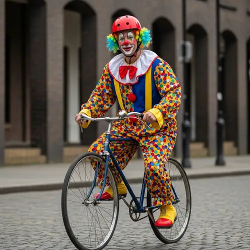 Colorful Clown Riding Bicycle with Red Helmet