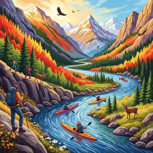 Vibrant Landscape Painting: High Peaks, Deep Rivers, and Rich Colors