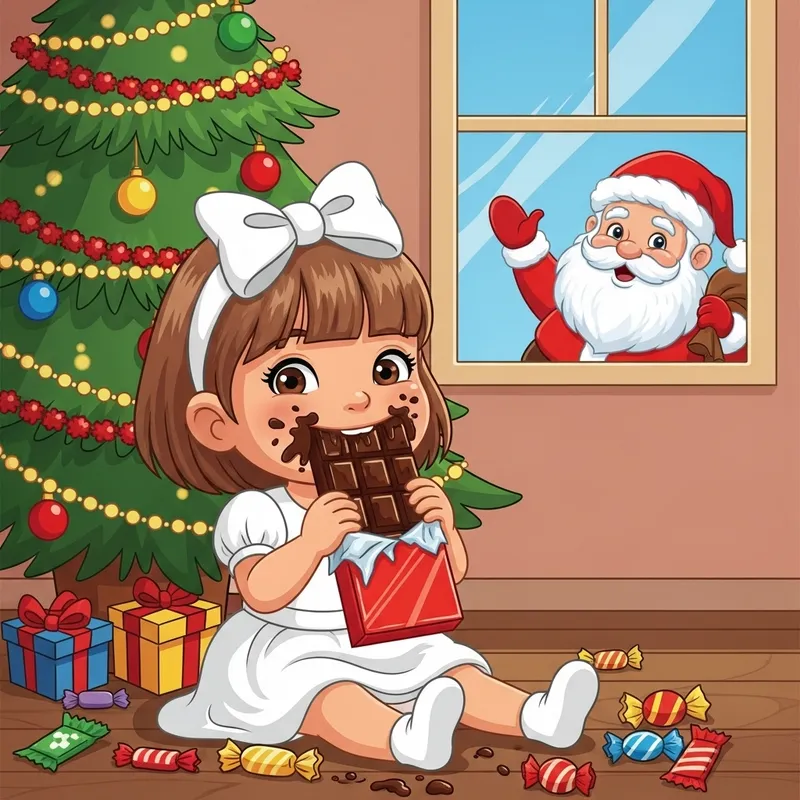 Cute Girl Enjoying Chocolate Bar at Christmas with Santa Claus