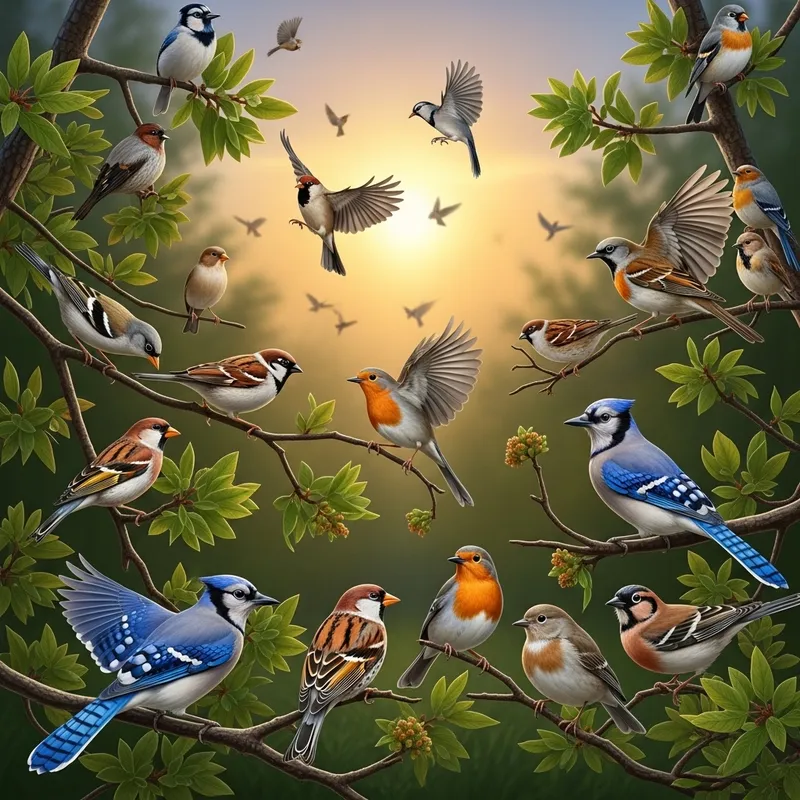 Enchanting Birds Perched in Springtime Forest at Dusk
