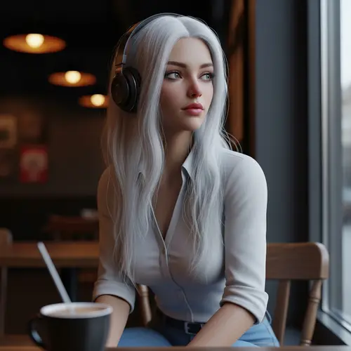 Hyper-Realistic 8K Image of Beautiful 18-Year-Old Girl in Café