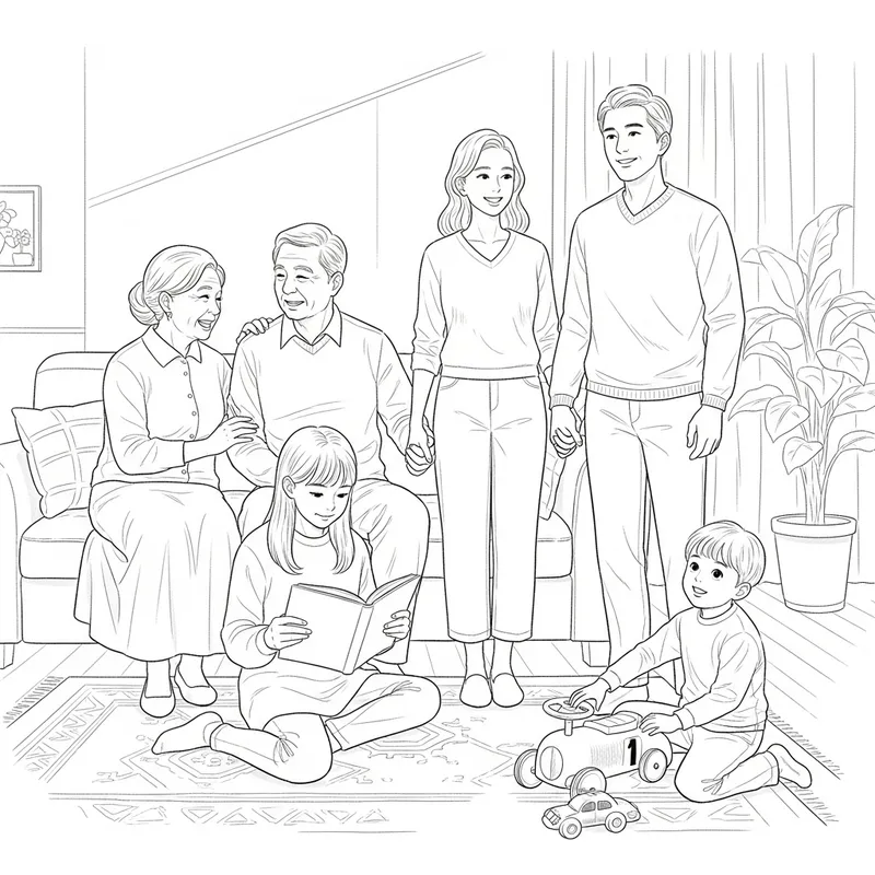 East Asian Family Line Sketch - Warm Moments