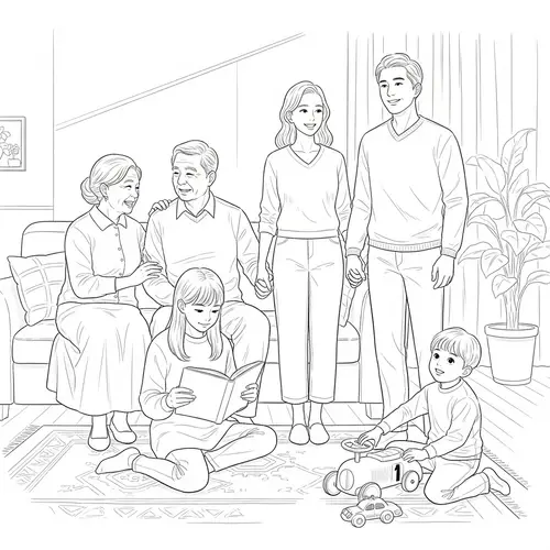 East Asian Family Line Sketch - Warm Moments
