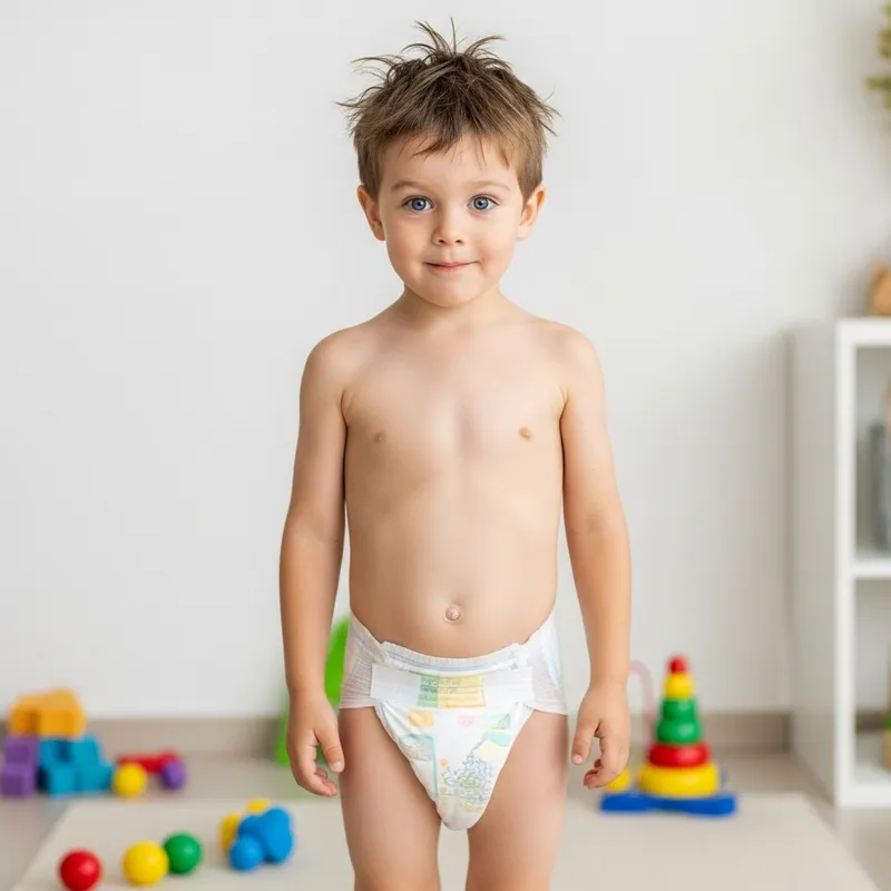Cute 8-Year-Old Boy with Blue Eyes in White Diaper