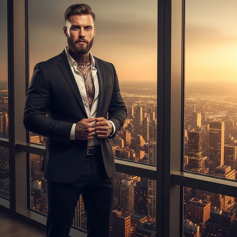 Intriguing Urban Romance: Russian Man with Storytelling Tattoos in NYC Office Scene