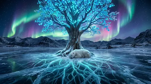 Majestic Bioluminescent Tree in Arctic Lake