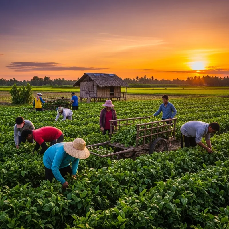 Filipino Farmers at Sunset in Lush Fields