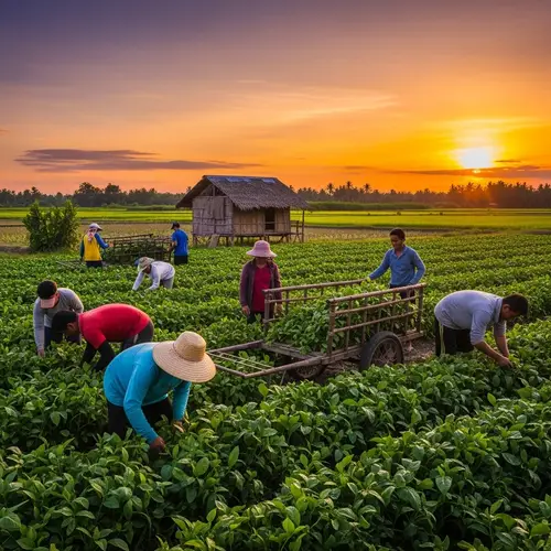 Filipino Farmers at Sunset in Lush Fields
