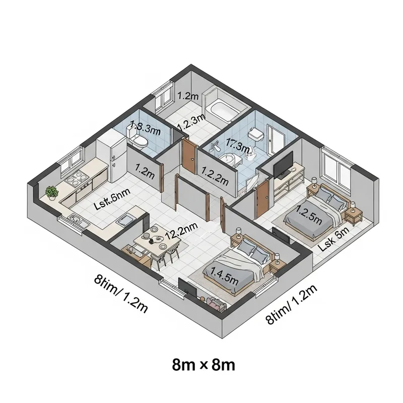 Isometric House Design: 8m x 8m Layout with Essentials