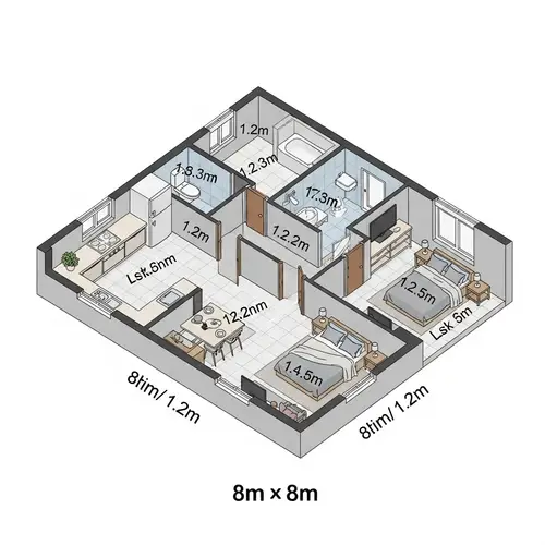 Isometric House Design: 8m x 8m Layout with Essentials
