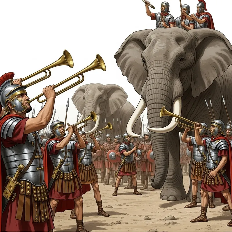 Battle of Zama: Roman Soldiers Trumpeting Fear into Hannibal's War Elephants