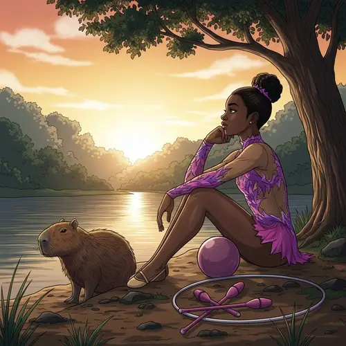 Black Girl Rhythmic Gymnastics by River in Forest with Capybara at Sunrise