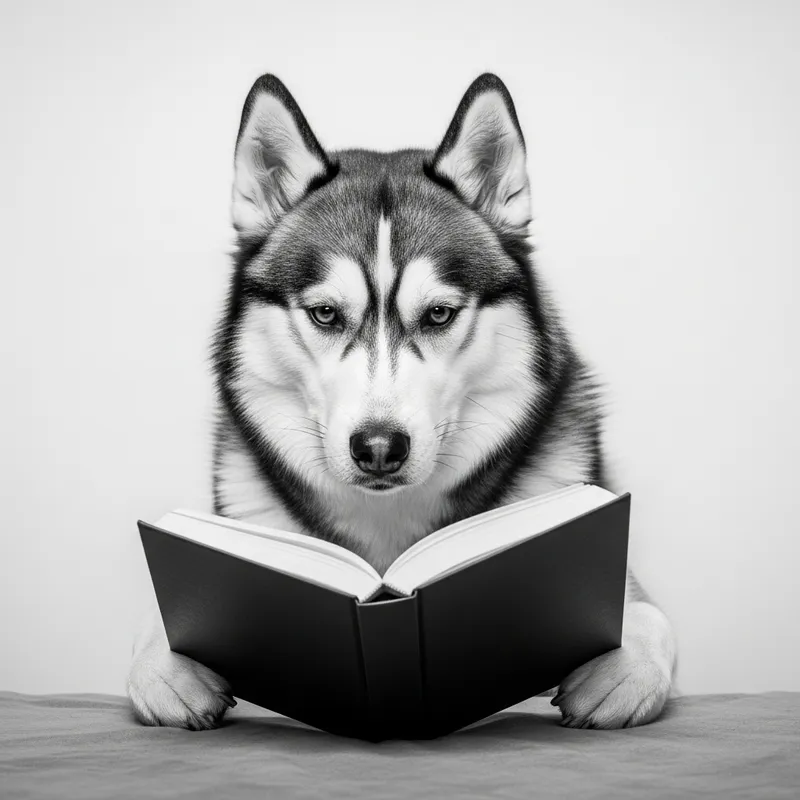Majestic Husky Engrossed in Book: Vintage Monochrome Elegance