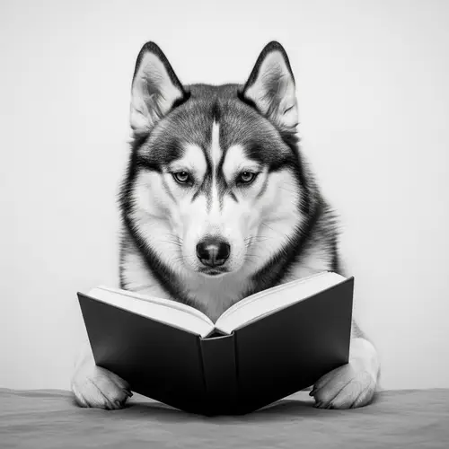 Majestic Husky Reading: Vintage Monochromatic Photography
