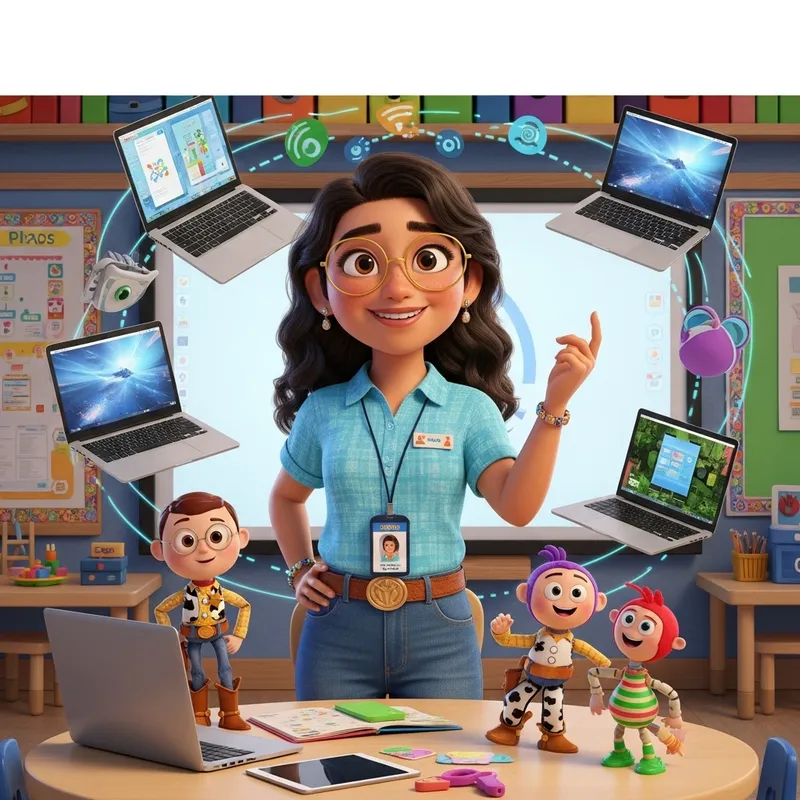 Hispanic Preschool Teacher with Modern Classroom Tech Hispanic Preschool Teacher with Modern Classroom Tech
