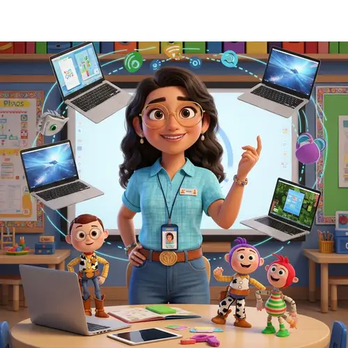 Hispanic Preschool Teacher with Modern Classroom Tech