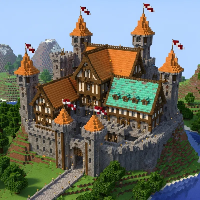 Très Grand Château Médiéval with Copper Roof in Minecraft