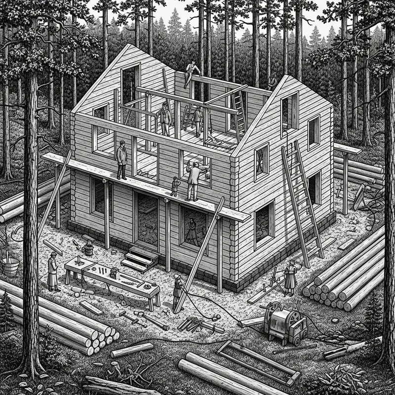 Detailed Black and White Construction Scene in Forest Detailed Black and White Construction Scene in Forest
