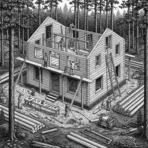 Vintage Construction of Two-Story Wooden House in Forest