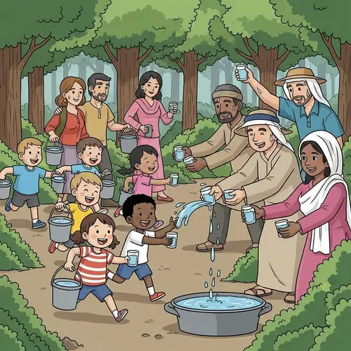Warm Community Scene Cartoon: Vibrant Illustration in Forest
