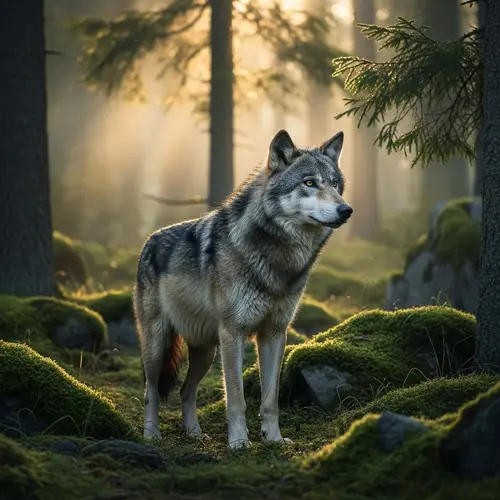Majestic Grey Wolf in Coniferous Forest - Wildlife Photography