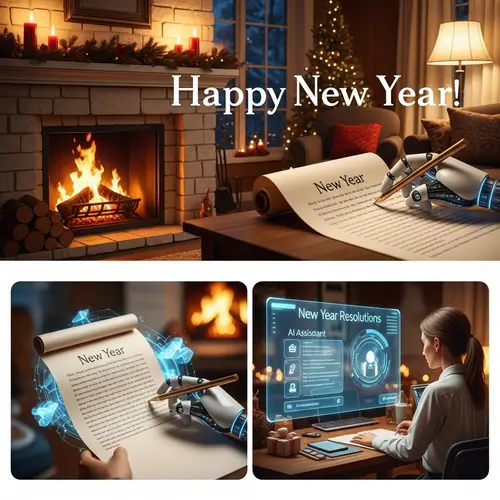 Cozy New Year's Greetings with AI Technology | Festive & Futuristic Decor